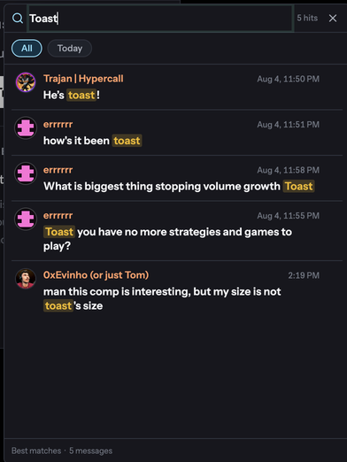 Hypercall Trollbox search for Toast showing ranked message results with the query highlighted